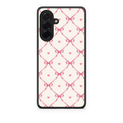Θήκη Samsung Galaxy A36 Pink Bow Lattice and Hearts on Cream από τη Smartfits με σχέδιο στο πίσω μέρος και μαύρο περίβλημα | Samsung Galaxy A36 Pink Bow Lattice and Hearts on Cream case with colorful back and black bezels
