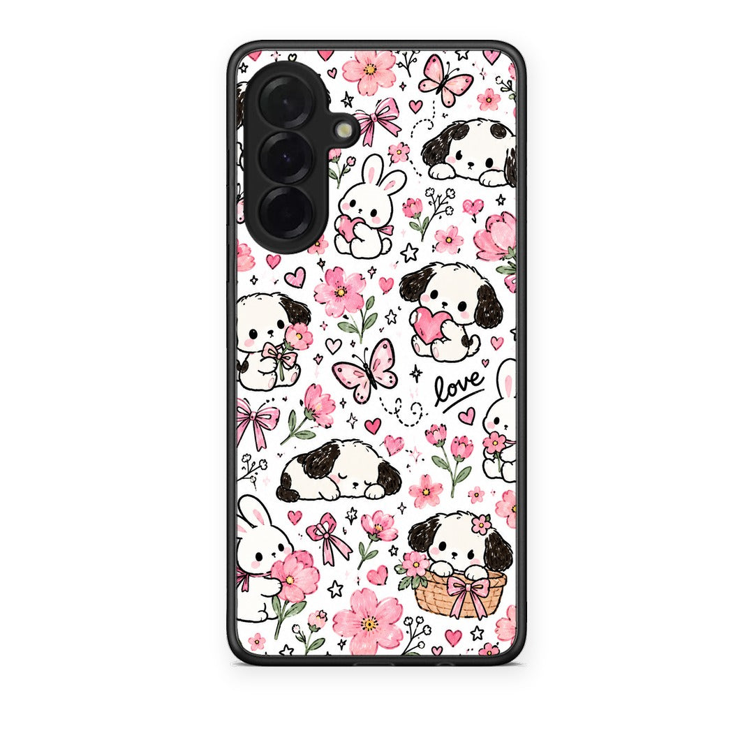 Θήκη Samsung Galaxy A36 Pink Florals Puppies and Bunnies on White από τη Smartfits με σχέδιο στο πίσω μέρος και μαύρο περίβλημα | Samsung Galaxy A36 Pink Florals Puppies and Bunnies on White case with colorful back and black bezels