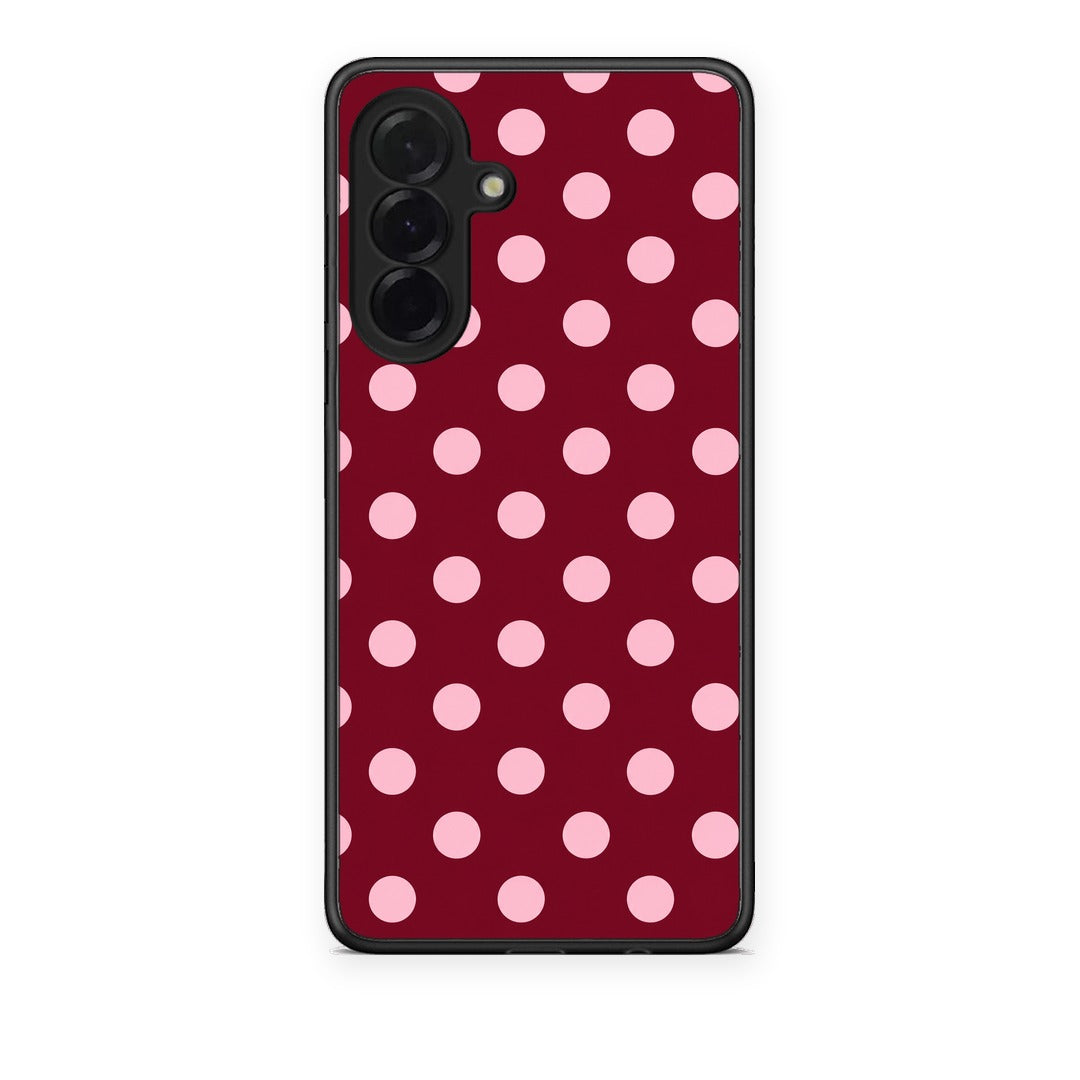 Θήκη Samsung Galaxy A36 Pink Polka Dots on Burgundy από τη Smartfits με σχέδιο στο πίσω μέρος και μαύρο περίβλημα | Samsung Galaxy A36 Pink Polka Dots on Burgundy case with colorful back and black bezels