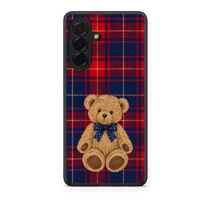 Θήκη Samsung Galaxy A36 Teddy Bear on Red and Navy Tartan από τη Smartfits με σχέδιο στο πίσω μέρος και μαύρο περίβλημα | Samsung Galaxy A36 Teddy Bear on Red and Navy Tartan case with colorful back and black bezels