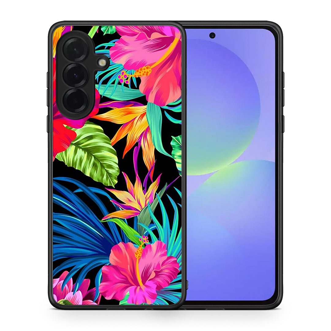 Θήκη Samsung Galaxy A36 Tropical Flowers από τη Smartfits με σχέδιο στο πίσω μέρος και μαύρο περίβλημα | Samsung Galaxy A36 Tropical Flowers case with colorful back and black bezels