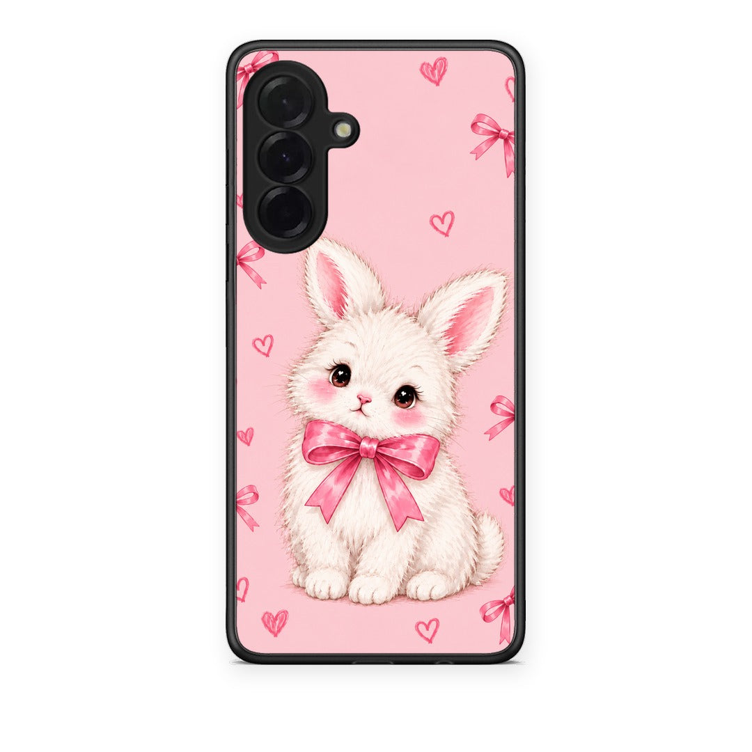 Θήκη Samsung Galaxy A36 White Bunny and Pink Bows από τη Smartfits με σχέδιο στο πίσω μέρος και μαύρο περίβλημα | Samsung Galaxy A36 White Bunny and Pink Bows case with colorful back and black bezels