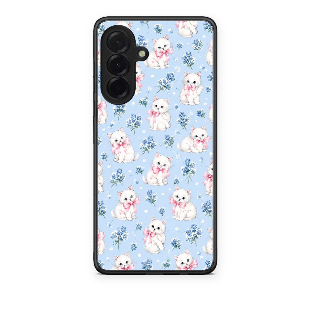Θήκη Samsung Galaxy A36 White Kittens and Blue Flowers Small από τη Smartfits με σχέδιο στο πίσω μέρος και μαύρο περίβλημα | Samsung Galaxy A36 White Kittens and Blue Flowers Small case with colorful back and black bezels