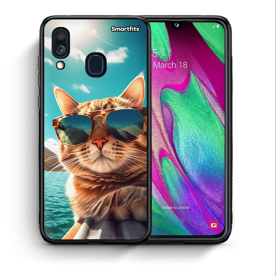 Θήκη Samsung A40 Summer Cat από τη Smartfits με σχέδιο στο πίσω μέρος και μαύρο περίβλημα | Samsung A40 Summer Cat case with colorful back and black bezels