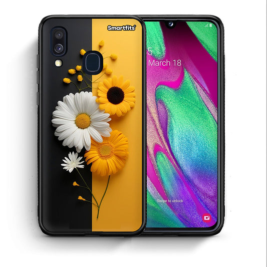 Θήκη Samsung A40 Yellow Daisies από τη Smartfits με σχέδιο στο πίσω μέρος και μαύρο περίβλημα | Samsung A40 Yellow Daisies case with colorful back and black bezels