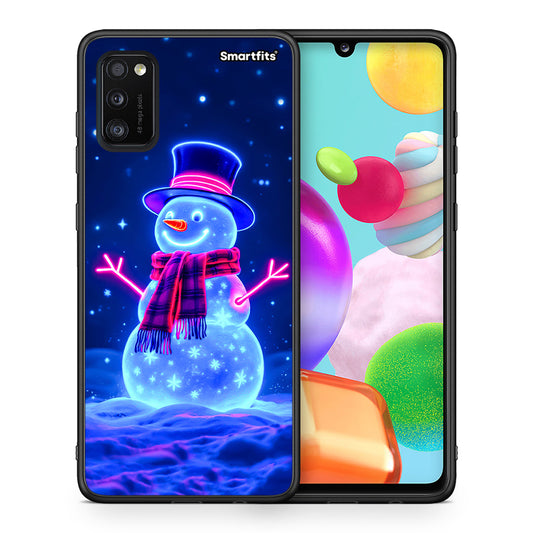 Θήκη Samsung A41 Christmas Neon Snowman από τη Smartfits με σχέδιο στο πίσω μέρος και μαύρο περίβλημα | Samsung A41 Christmas Neon Snowman case with colorful back and black bezels