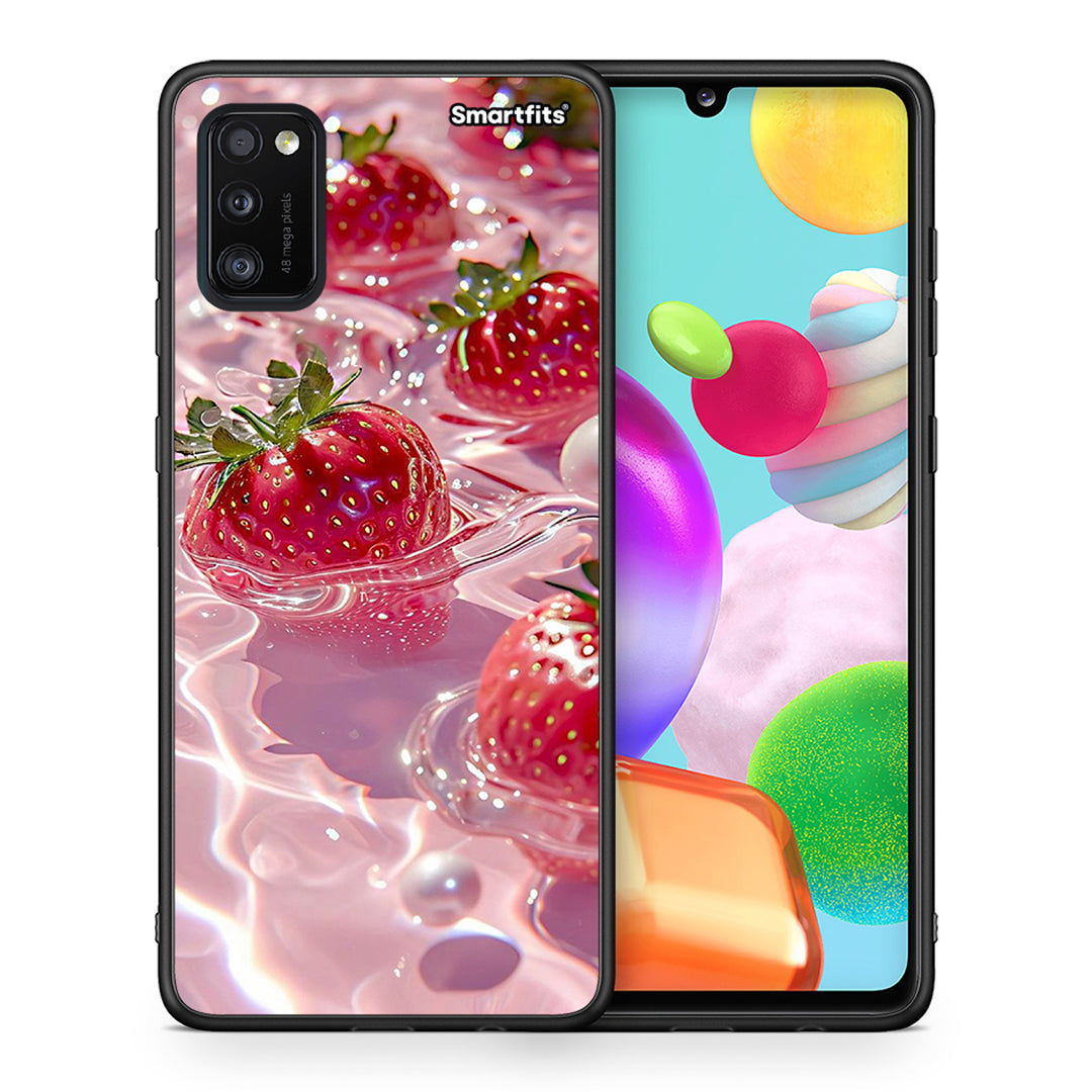 Θήκη Samsung A41 Juicy Strawberries από τη Smartfits με σχέδιο στο πίσω μέρος και μαύρο περίβλημα | Samsung A41 Juicy Strawberries case with colorful back and black bezels