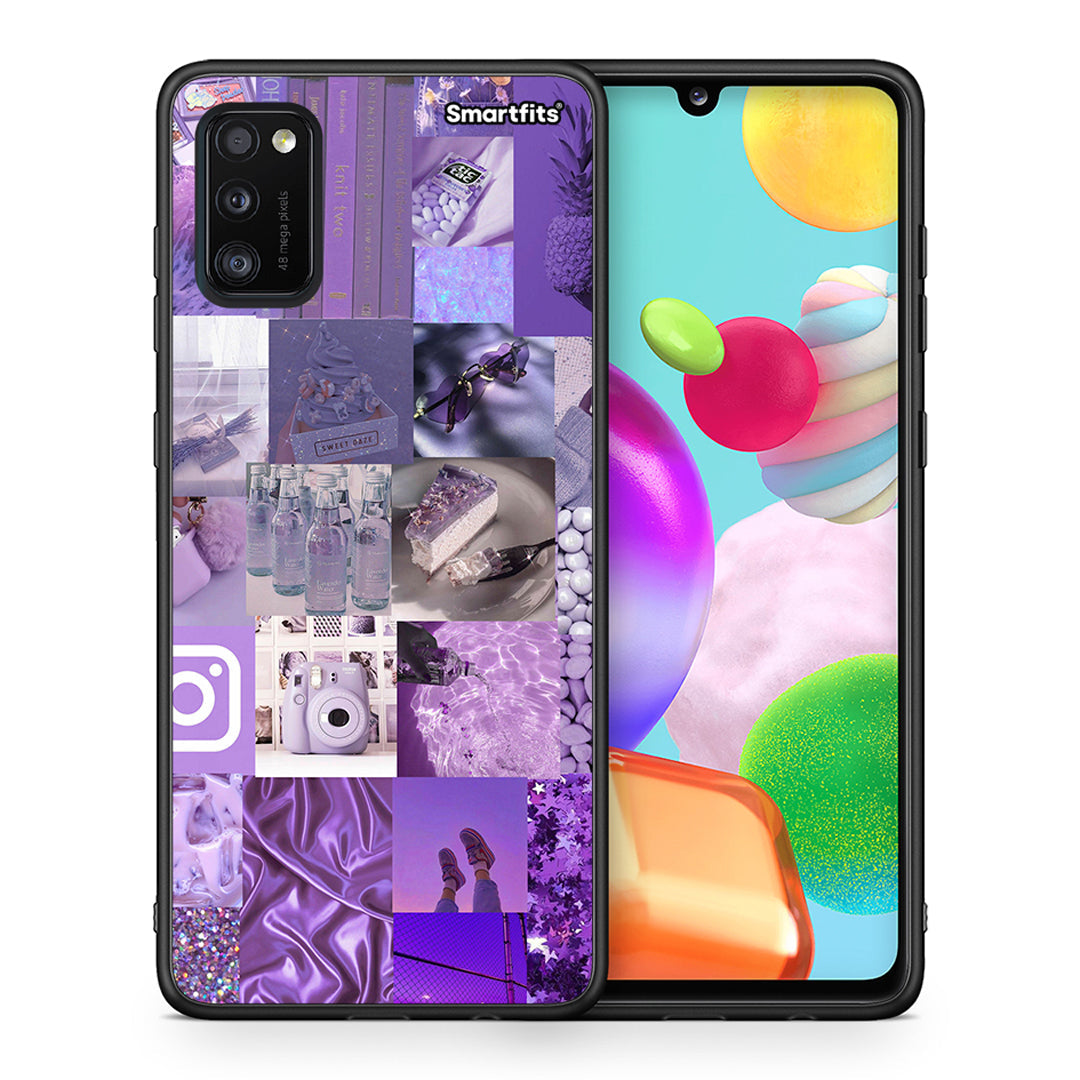 Θήκη Samsung A41 Purple Aesthetic Collage από τη Smartfits με σχέδιο στο πίσω μέρος και μαύρο περίβλημα | Samsung A41 Purple Aesthetic Collage case with colorful back and black bezels