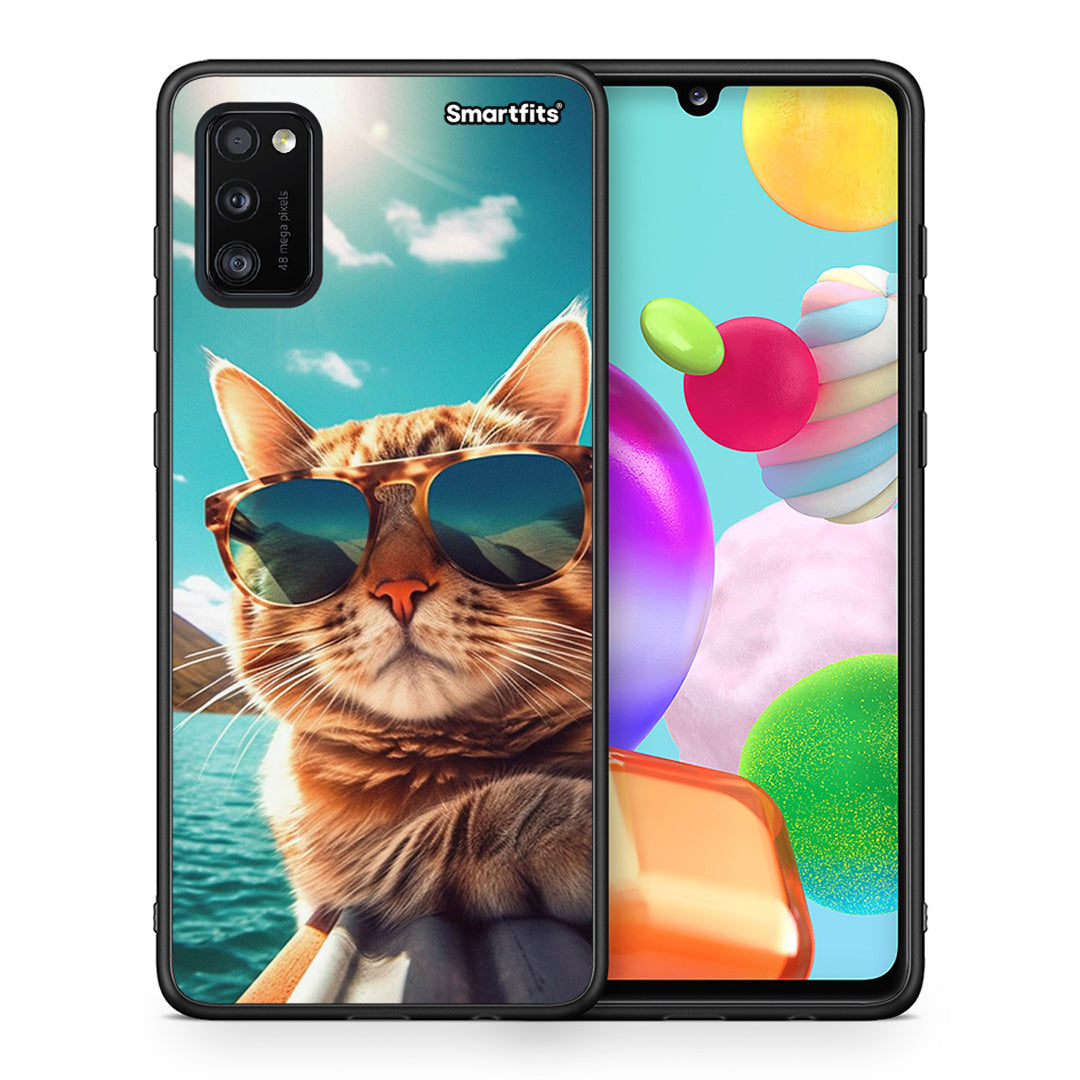 Θήκη Samsung A41 Summer Cat από τη Smartfits με σχέδιο στο πίσω μέρος και μαύρο περίβλημα | Samsung A41 Summer Cat case with colorful back and black bezels