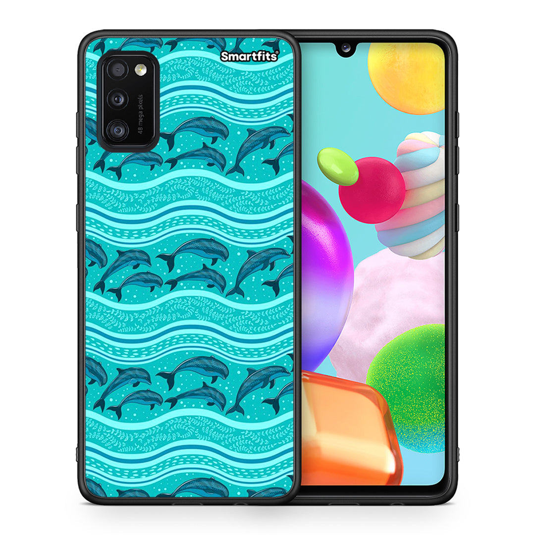 Θήκη Samsung A41 Swimming Dolphins από τη Smartfits με σχέδιο στο πίσω μέρος και μαύρο περίβλημα | Samsung A41 Swimming Dolphins case with colorful back and black bezels