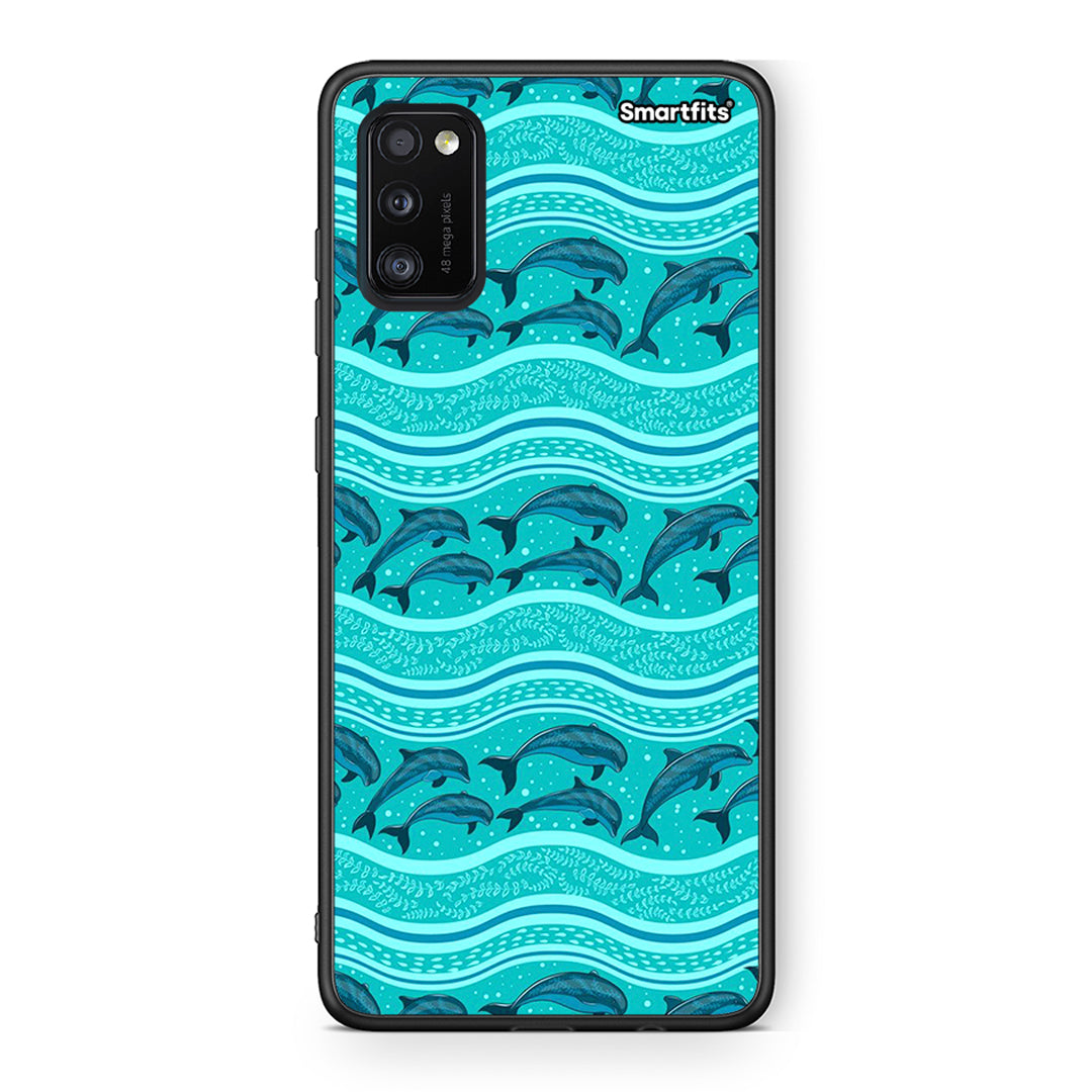 Samsung A41 Swimming Dolphins θήκη από τη Smartfits με σχέδιο στο πίσω μέρος και μαύρο περίβλημα | Smartphone case with colorful back and black bezels by Smartfits