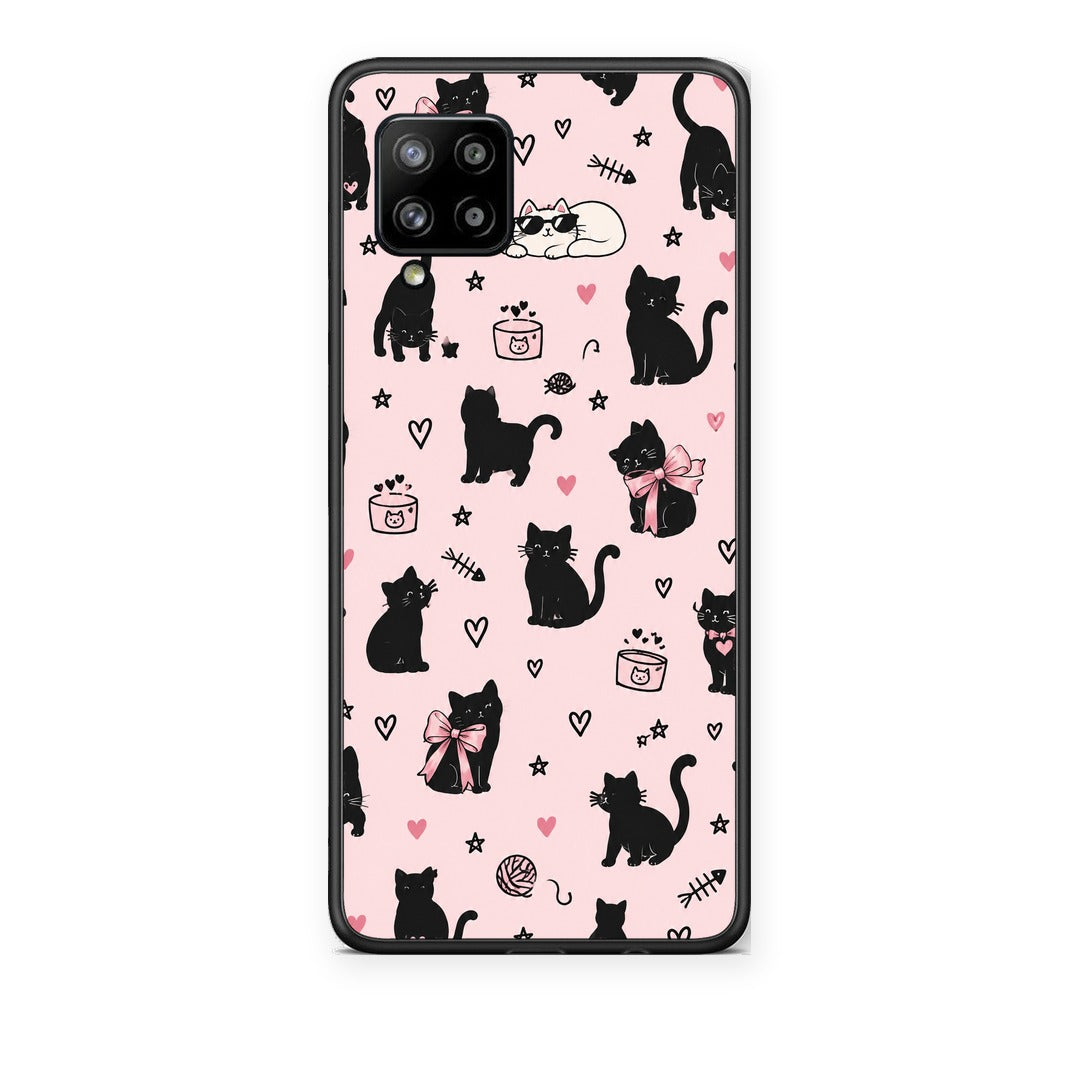 Θήκη Samsung Galaxy A42 Black Cat Doodles on Pink από τη Smartfits με σχέδιο στο πίσω μέρος και μαύρο περίβλημα | Samsung Galaxy A42 Black Cat Doodles on Pink case with colorful back and black bezels