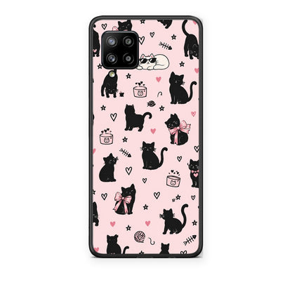 Θήκη Samsung Galaxy A42 Black Cat Doodles on Pink από τη Smartfits με σχέδιο στο πίσω μέρος και μαύρο περίβλημα | Samsung Galaxy A42 Black Cat Doodles on Pink case with colorful back and black bezels