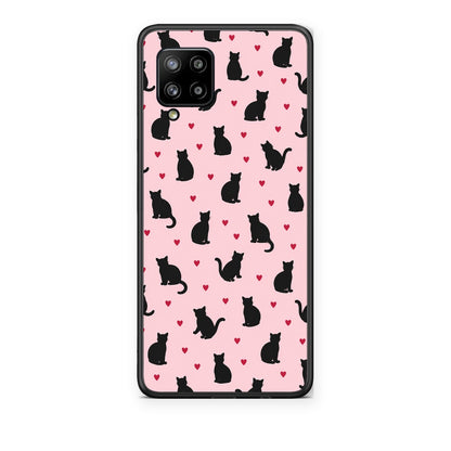 Θήκη Samsung Galaxy A42 Black Cat Silhouettes and Hearts on Pink από τη Smartfits με σχέδιο στο πίσω μέρος και μαύρο περίβλημα | Samsung Galaxy A42 Black Cat Silhouettes and Hearts on Pink case with colorful back and black bezels