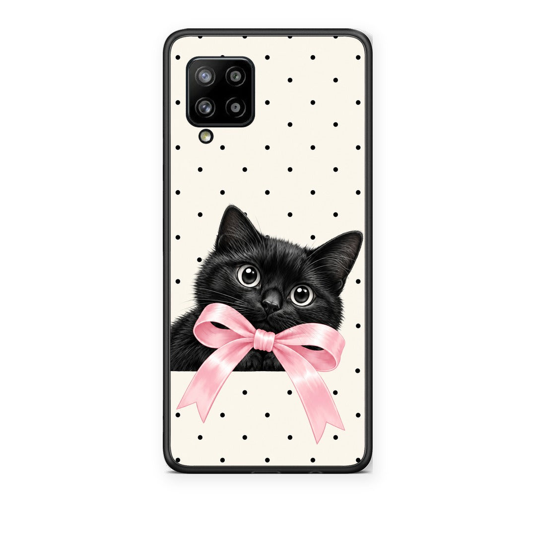 Θήκη Samsung Galaxy A42 Black Kitten Pink Bow and Polka Dots από τη Smartfits με σχέδιο στο πίσω μέρος και μαύρο περίβλημα | Samsung Galaxy A42 Black Kitten Pink Bow and Polka Dots case with colorful back and black bezels
