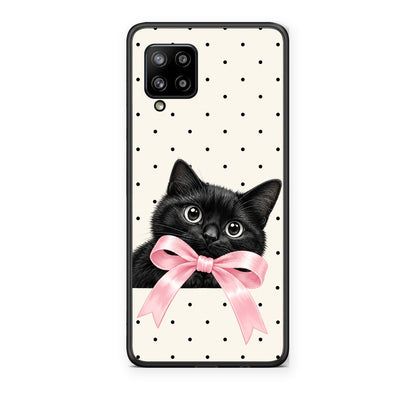 Θήκη Samsung Galaxy A42 Black Kitten Pink Bow and Polka Dots από τη Smartfits με σχέδιο στο πίσω μέρος και μαύρο περίβλημα | Samsung Galaxy A42 Black Kitten Pink Bow and Polka Dots case with colorful back and black bezels