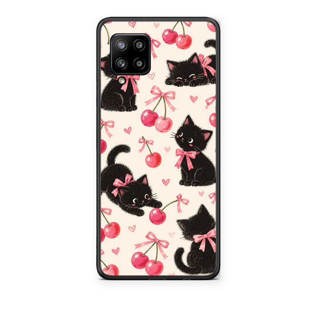 Θήκη Samsung Galaxy A42 Black Kittens and Cherries on Cream από τη Smartfits με σχέδιο στο πίσω μέρος και μαύρο περίβλημα | Samsung Galaxy A42 Black Kittens and Cherries on Cream case with colorful back and black bezels