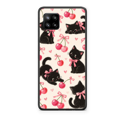 Θήκη Samsung Galaxy A42 Black Kittens and Cherries on Cream από τη Smartfits με σχέδιο στο πίσω μέρος και μαύρο περίβλημα | Samsung Galaxy A42 Black Kittens and Cherries on Cream case with colorful back and black bezels