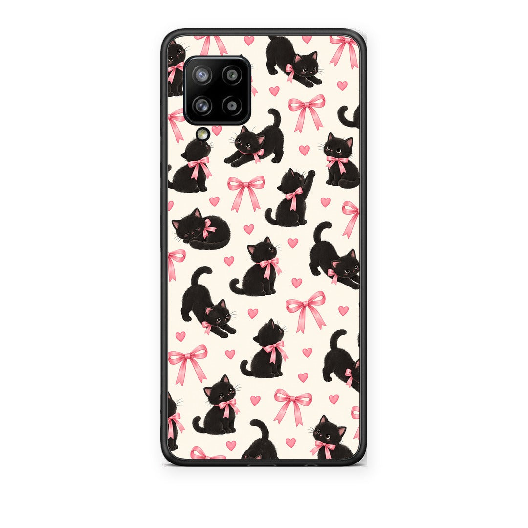 Θήκη Samsung Galaxy A42 Black Kittens and Pink Bows on Cream Small από τη Smartfits με σχέδιο στο πίσω μέρος και μαύρο περίβλημα | Samsung Galaxy A42 Black Kittens and Pink Bows on Cream Small case with colorful back and black bezels