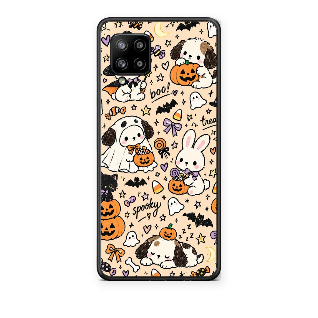 Θήκη Samsung Galaxy A42 Halloween Puppies and Friends on Cream από τη Smartfits με σχέδιο στο πίσω μέρος και μαύρο περίβλημα | Samsung Galaxy A42 Halloween Puppies and Friends on Cream case with colorful back and black bezels