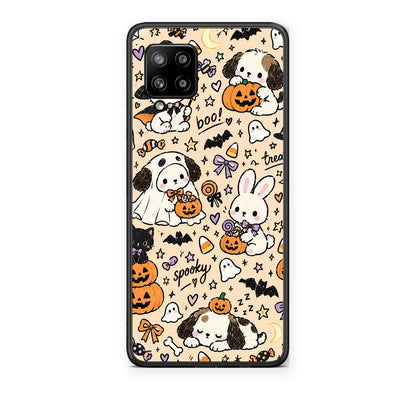 Θήκη Samsung Galaxy A42 Halloween Puppies and Friends on Cream από τη Smartfits με σχέδιο στο πίσω μέρος και μαύρο περίβλημα | Samsung Galaxy A42 Halloween Puppies and Friends on Cream case with colorful back and black bezels