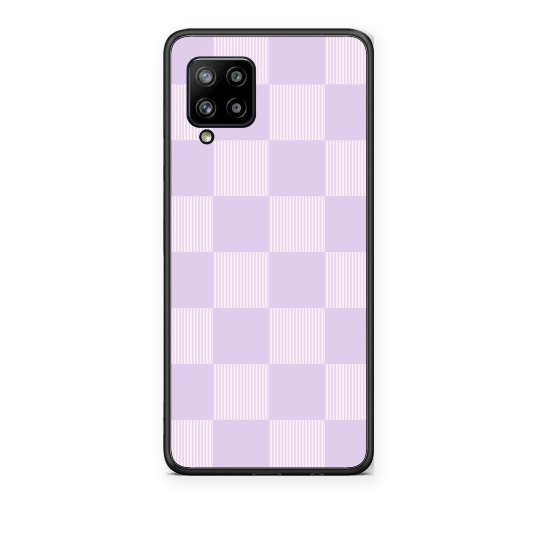 Θήκη Samsung Galaxy A42 Lilac and Cream Striped Checks από τη Smartfits με σχέδιο στο πίσω μέρος και μαύρο περίβλημα | Samsung Galaxy A42 Lilac and Cream Striped Checks case with colorful back and black bezels