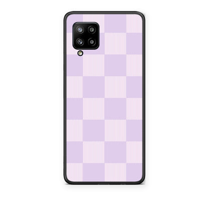 Θήκη Samsung Galaxy A42 Lilac and Cream Striped Checks από τη Smartfits με σχέδιο στο πίσω μέρος και μαύρο περίβλημα | Samsung Galaxy A42 Lilac and Cream Striped Checks case with colorful back and black bezels