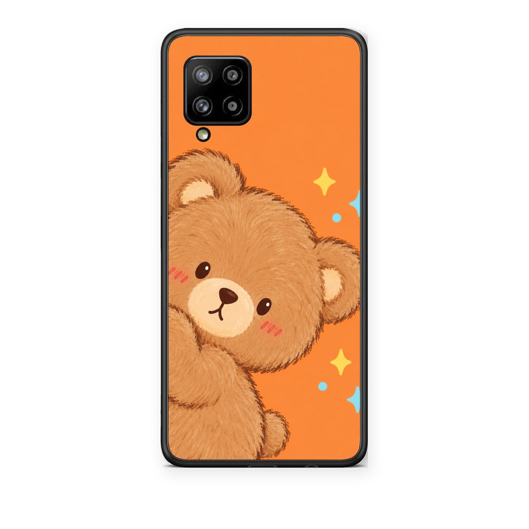 Θήκη Samsung Galaxy A42 Peekaboo Teddy on Orange από τη Smartfits με σχέδιο στο πίσω μέρος και μαύρο περίβλημα | Samsung Galaxy A42 Peekaboo Teddy on Orange case with colorful back and black bezels