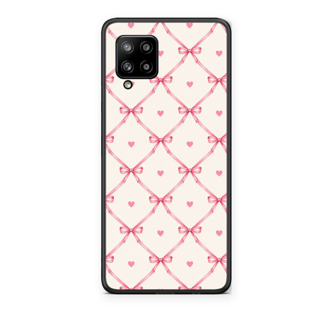 Θήκη Samsung Galaxy A42 Pink Bow Lattice and Hearts on Cream από τη Smartfits με σχέδιο στο πίσω μέρος και μαύρο περίβλημα | Samsung Galaxy A42 Pink Bow Lattice and Hearts on Cream case with colorful back and black bezels