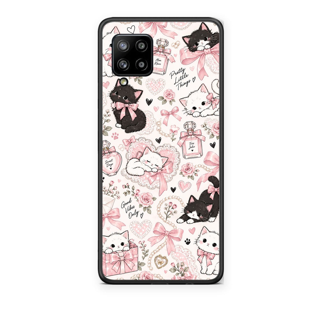Θήκη Samsung Galaxy A42 Pink Bows and Kittens Collage από τη Smartfits με σχέδιο στο πίσω μέρος και μαύρο περίβλημα | Samsung Galaxy A42 Pink Bows and Kittens Collage case with colorful back and black bezels