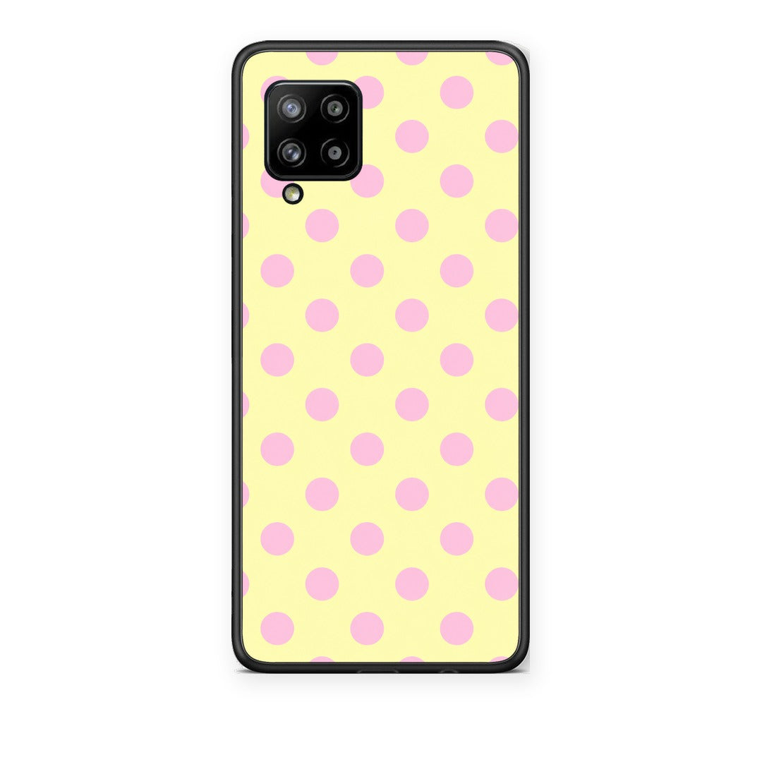 Θήκη Samsung Galaxy A42 Pink Polka Dots on Yellow από τη Smartfits με σχέδιο στο πίσω μέρος και μαύρο περίβλημα | Samsung Galaxy A42 Pink Polka Dots on Yellow case with colorful back and black bezels