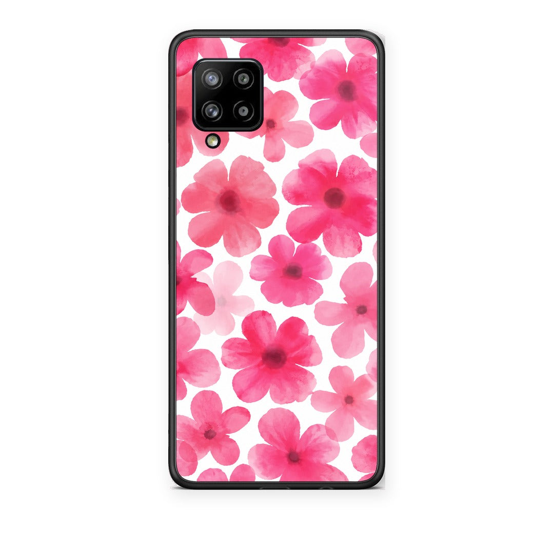 Θήκη Samsung Galaxy A42 Pink Watercolour Flowers on White από τη Smartfits με σχέδιο στο πίσω μέρος και μαύρο περίβλημα | Samsung Galaxy A42 Pink Watercolour Flowers on White case with colorful back and black bezels