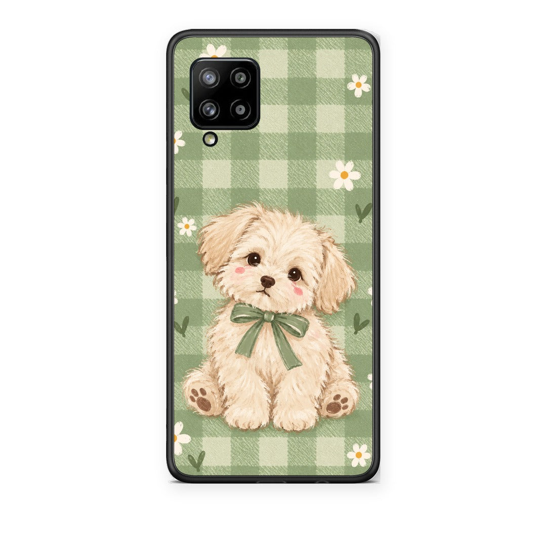 Θήκη Samsung Galaxy A42 Puppy and Daisies on Sage Gingham από τη Smartfits με σχέδιο στο πίσω μέρος και μαύρο περίβλημα | Samsung Galaxy A42 Puppy and Daisies on Sage Gingham case with colorful back and black bezels