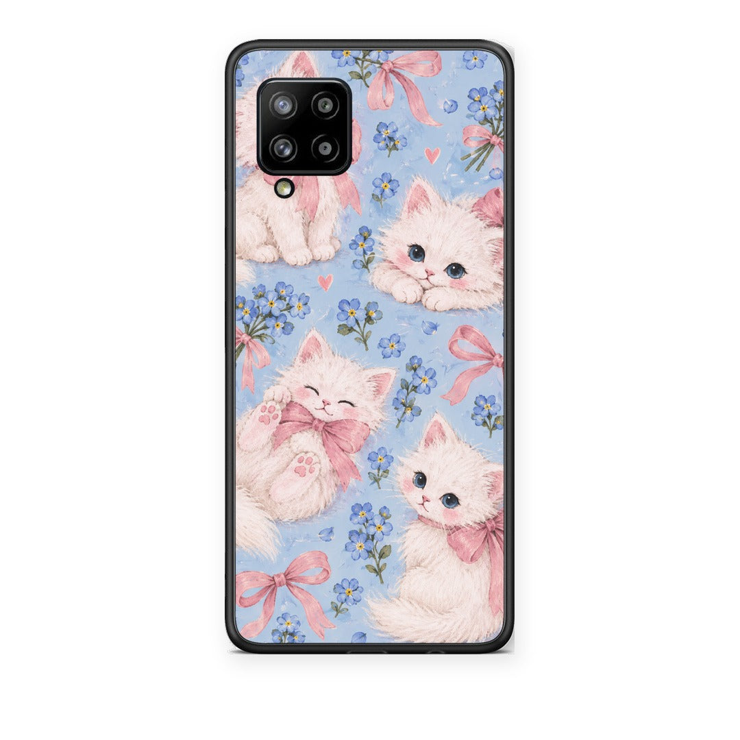 Θήκη Samsung Galaxy A42 White Kittens and Blue Flowers Large από τη Smartfits με σχέδιο στο πίσω μέρος και μαύρο περίβλημα | Samsung Galaxy A42 White Kittens and Blue Flowers Large case with colorful back and black bezels