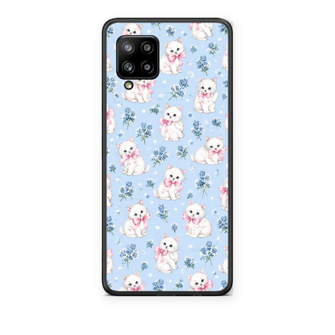 Θήκη Samsung Galaxy A42 White Kittens and Blue Flowers Small από τη Smartfits με σχέδιο στο πίσω μέρος και μαύρο περίβλημα | Samsung Galaxy A42 White Kittens and Blue Flowers Small case with colorful back and black bezels