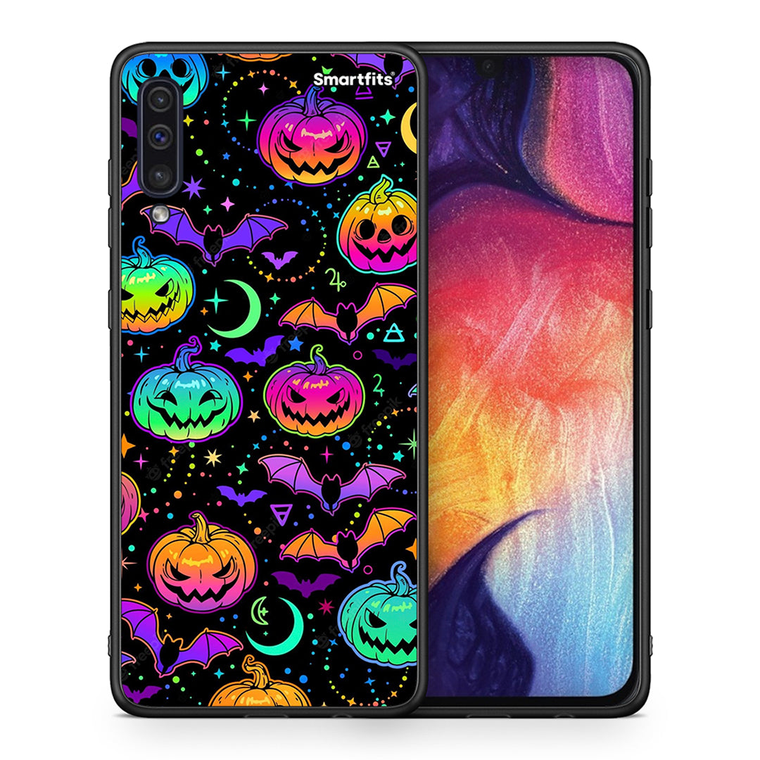 Θήκη Samsung A50/A30s Neon Halloween από τη Smartfits με σχέδιο στο πίσω μέρος και μαύρο περίβλημα | Samsung A50/A30s Neon Halloween case with colorful back and black bezels