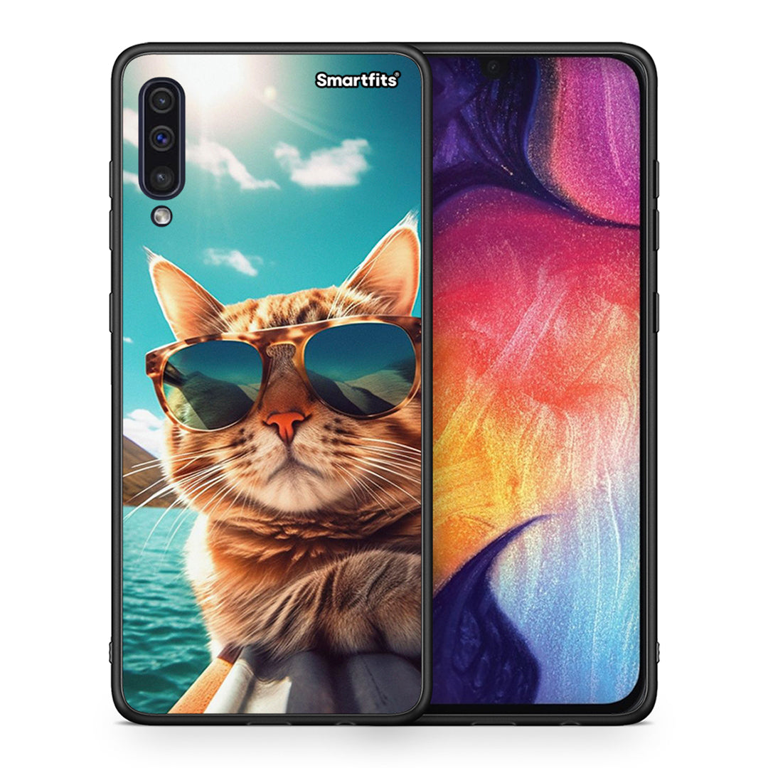 Θήκη Samsung A50/A30s Summer Cat από τη Smartfits με σχέδιο στο πίσω μέρος και μαύρο περίβλημα | Samsung A50/A30s Summer Cat case with colorful back and black bezels