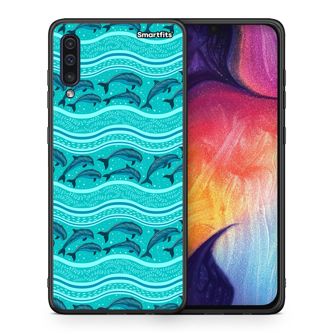 Θήκη Samsung A50/A30s Swimming Dolphins από τη Smartfits με σχέδιο στο πίσω μέρος και μαύρο περίβλημα | Samsung A50/A30s Swimming Dolphins case with colorful back and black bezels