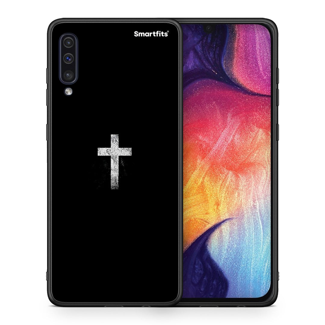 Θήκη Samsung A50/A30s White Cross από τη Smartfits με σχέδιο στο πίσω μέρος και μαύρο περίβλημα | Samsung A50/A30s White Cross case with colorful back and black bezels