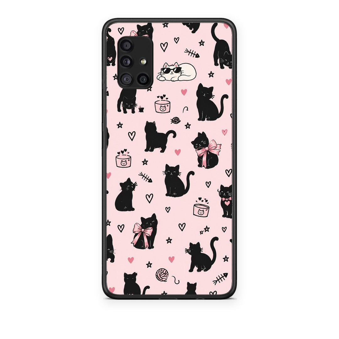 Θήκη Samsung Galaxy A51 5G Black Cat Doodles on Pink από τη Smartfits με σχέδιο στο πίσω μέρος και μαύρο περίβλημα | Samsung Galaxy A51 5G Black Cat Doodles on Pink case with colorful back and black bezels