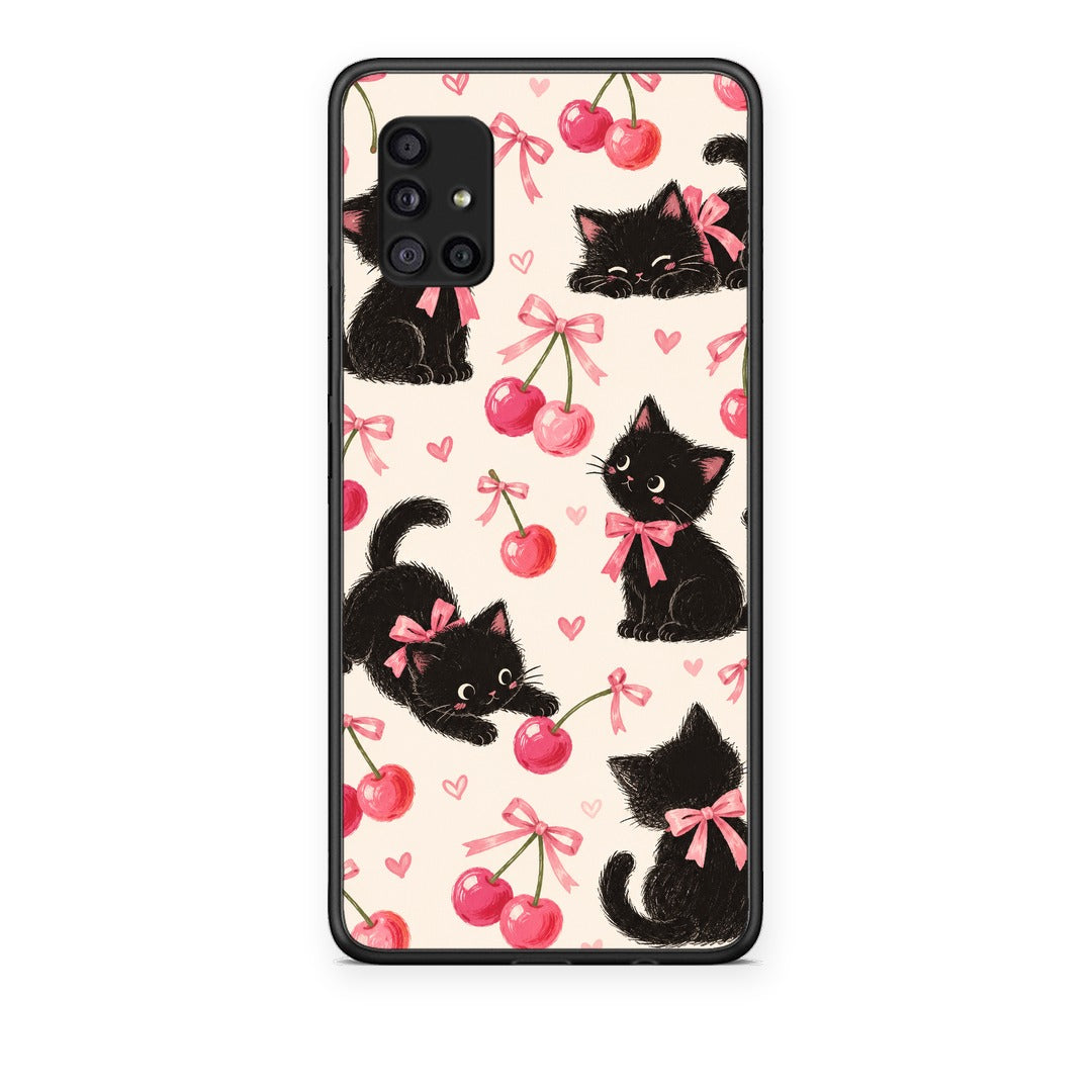 Θήκη Samsung Galaxy A51 5G Black Kittens and Cherries on Cream από τη Smartfits με σχέδιο στο πίσω μέρος και μαύρο περίβλημα | Samsung Galaxy A51 5G Black Kittens and Cherries on Cream case with colorful back and black bezels