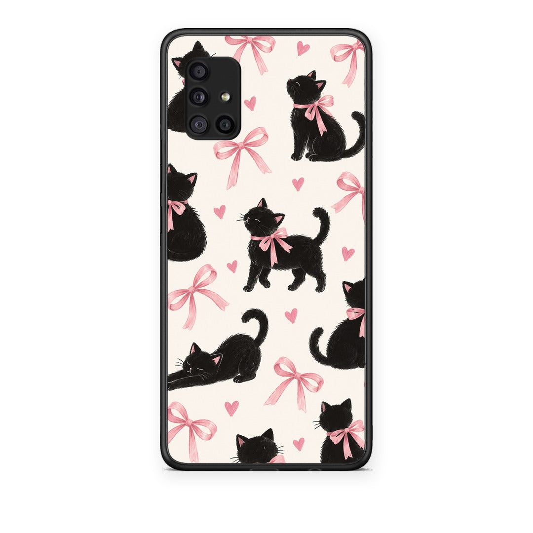 Θήκη Samsung Galaxy A51 5G Black Kittens and Pink Bows on Cream Large από τη Smartfits με σχέδιο στο πίσω μέρος και μαύρο περίβλημα | Samsung Galaxy A51 5G Black Kittens and Pink Bows on Cream Large case with colorful back and black bezels