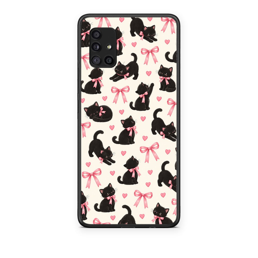 Θήκη Samsung Galaxy A51 5G Black Kittens and Pink Bows on Cream Small από τη Smartfits με σχέδιο στο πίσω μέρος και μαύρο περίβλημα | Samsung Galaxy A51 5G Black Kittens and Pink Bows on Cream Small case with colorful back and black bezels