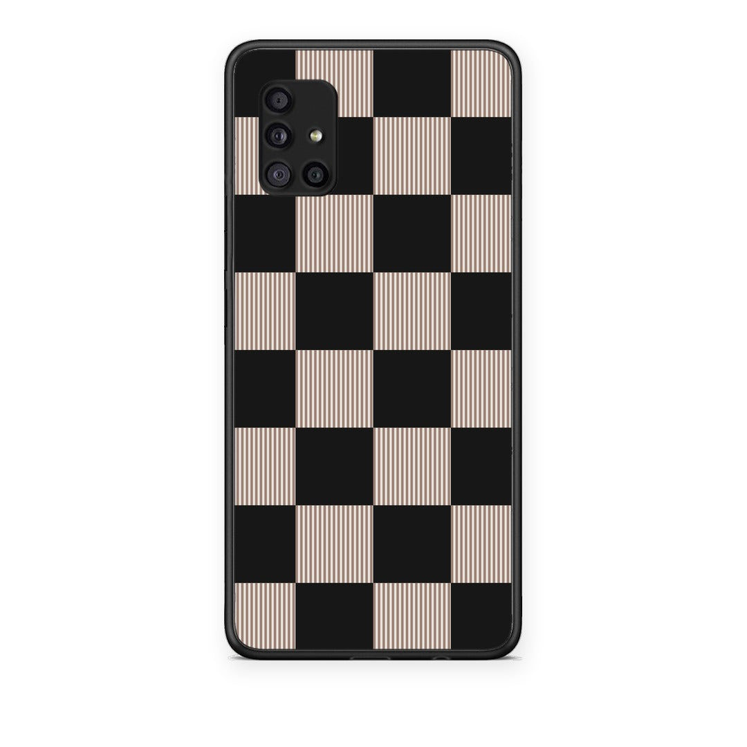 Θήκη Samsung Galaxy A51 5G Black and Taupe Striped Checks από τη Smartfits με σχέδιο στο πίσω μέρος και μαύρο περίβλημα | Samsung Galaxy A51 5G Black and Taupe Striped Checks case with colorful back and black bezels