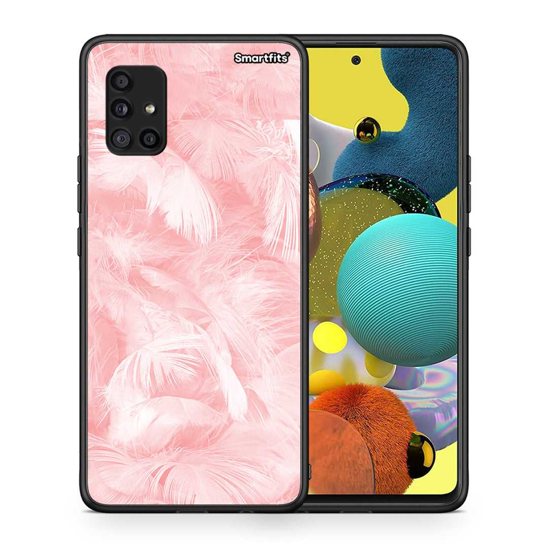 Θήκη Samsung Galaxy A51 5G Pink Feather Boho από τη Smartfits με σχέδιο στο πίσω μέρος και μαύρο περίβλημα | Samsung Galaxy A51 5G Pink Feather Boho case with colorful back and black bezels