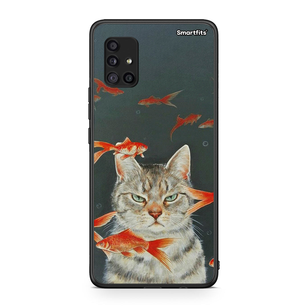 Samsung Galaxy A51 5G Cat Goldfish θήκη από τη Smartfits με σχέδιο στο πίσω μέρος και μαύρο περίβλημα | Smartphone case with colorful back and black bezels by Smartfits