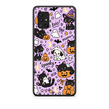 Θήκη Samsung Galaxy A51 5G Halloween Black Cats on Lilac από τη Smartfits με σχέδιο στο πίσω μέρος και μαύρο περίβλημα | Samsung Galaxy A51 5G Halloween Black Cats on Lilac case with colorful back and black bezels
