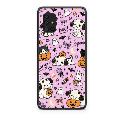 Θήκη Samsung Galaxy A51 5G Halloween Puppies and Friends on Lilac από τη Smartfits με σχέδιο στο πίσω μέρος και μαύρο περίβλημα | Samsung Galaxy A51 5G Halloween Puppies and Friends on Lilac case with colorful back and black bezels