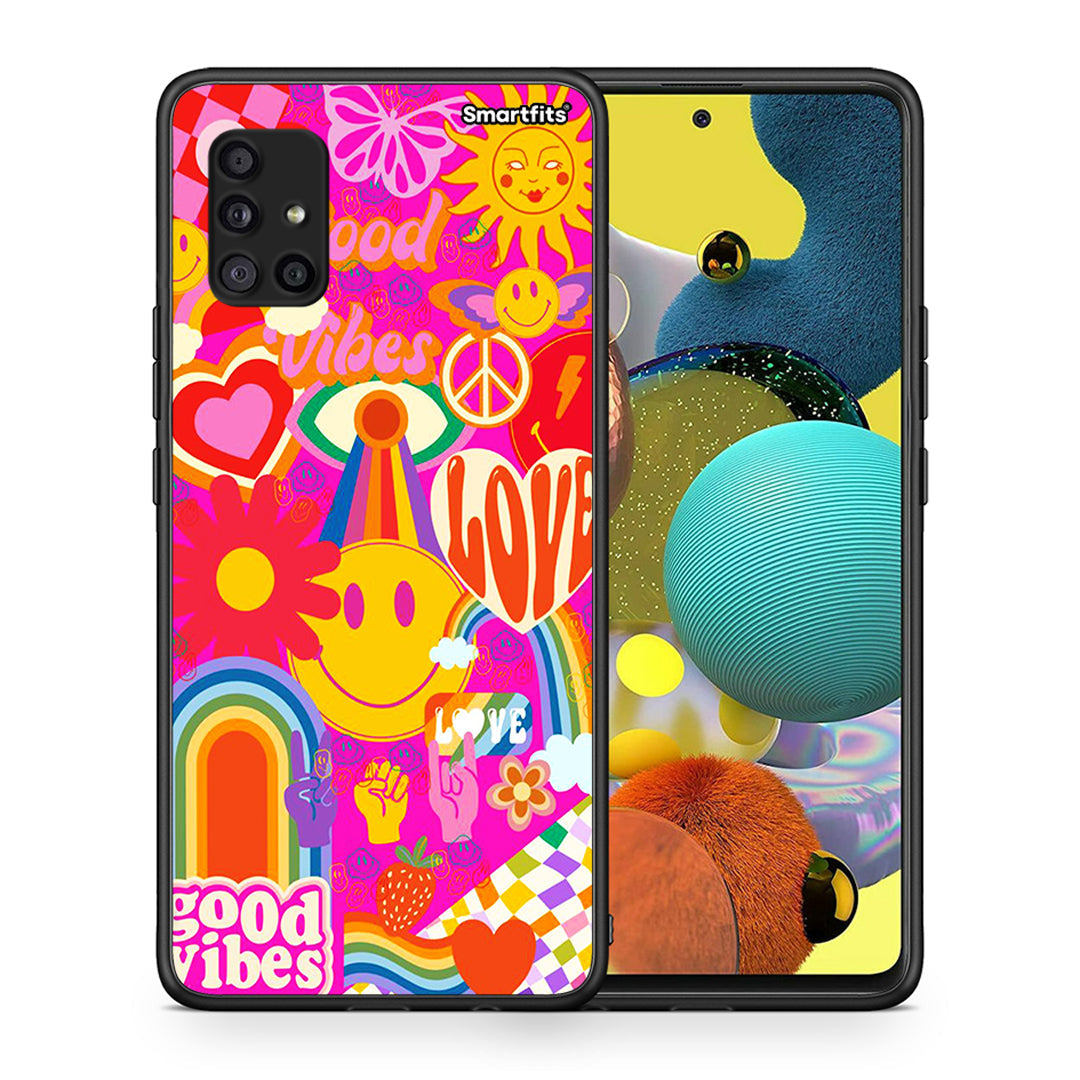 Θήκη Samsung Galaxy A51 5G Hippie Love από τη Smartfits με σχέδιο στο πίσω μέρος και μαύρο περίβλημα | Samsung Galaxy A51 5G Hippie Love case with colorful back and black bezels