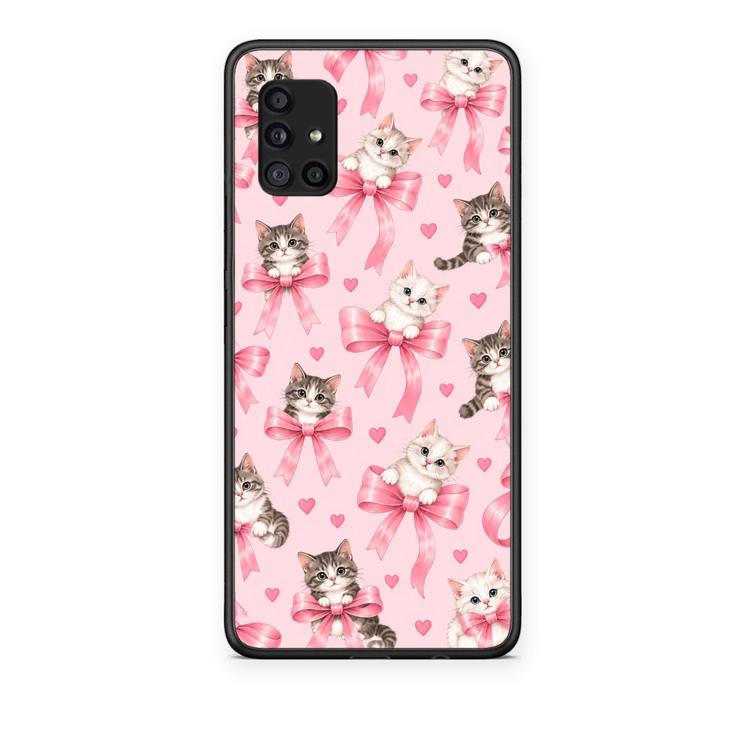 Θήκη Samsung Galaxy A51 5G Kittens and Pink Bows on Pink από τη Smartfits με σχέδιο στο πίσω μέρος και μαύρο περίβλημα | Samsung Galaxy A51 5G Kittens and Pink Bows on Pink case with colorful back and black bezels